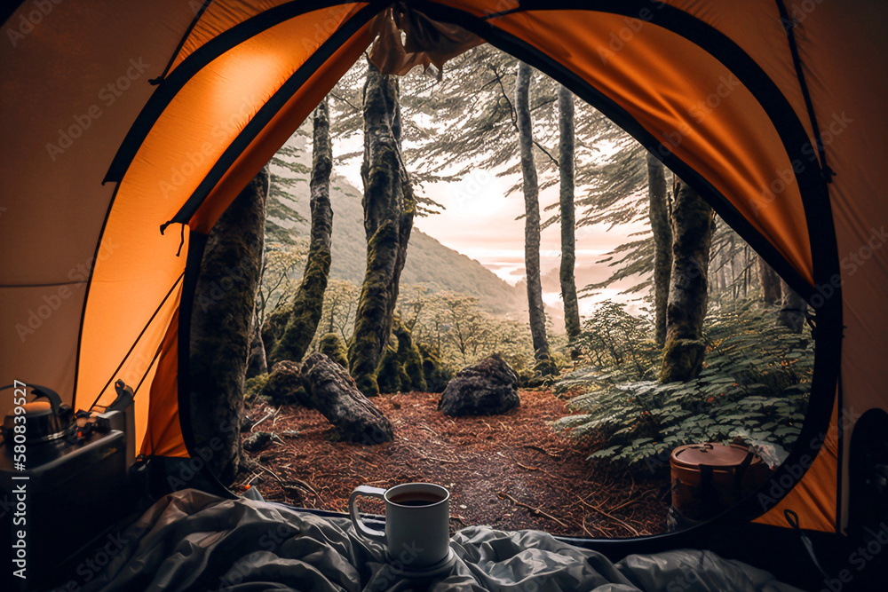Morning wake up camping in the woods view inside the tent - Ai generative - obrazy, fototapety, plakaty 