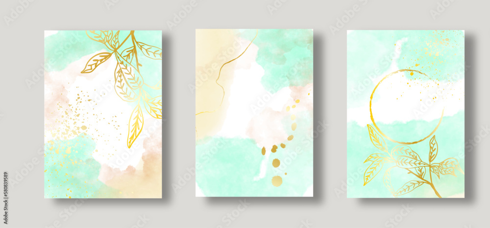 Abstract watercolor background vector. Luxury invitation card background with golden line and lines. Invite design for wedding and vip cover template.