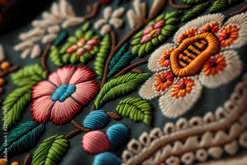 Close-up beautiful Ukrainian traditional style embroidery. Vyshivanka. AI generation