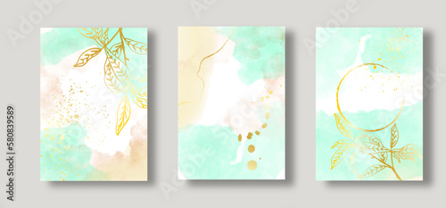 Abstract watercolor background vector. Luxury invitation card background with golden line and lines. Invite design for wedding and vip cover template.