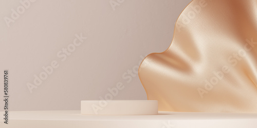Podium for product presentation. Background image with golden fabric decorative element. 3d rendering fashion object display.