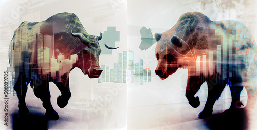 bullish vs bearish concept, digital composition with overlay, double exposure, financial charts photo