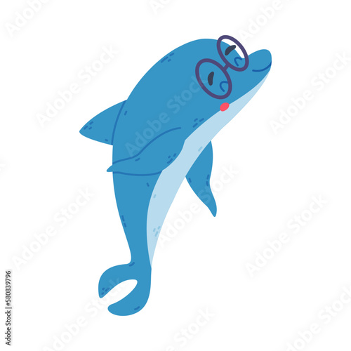 Cute smart dolphin in glasses. Funny dolphinfish character cartoon vector illustration