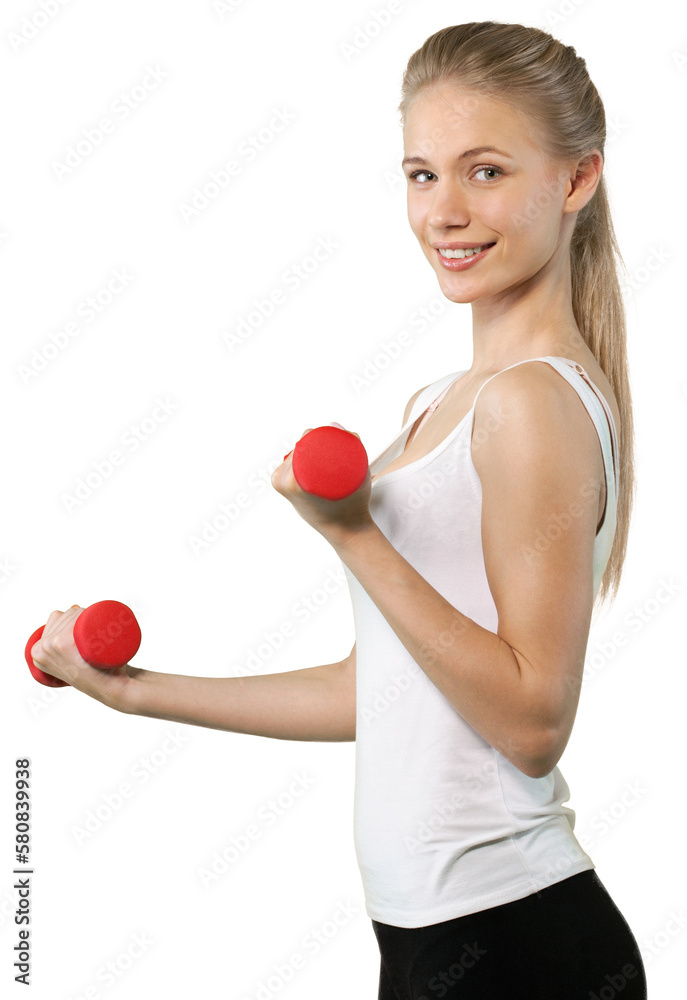 Close-up attractive young woman holding dumbbells on white background Close-up attractive young woman holding dumbbells on white background