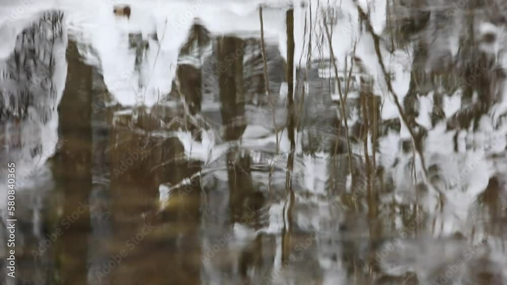 small stream flows through snowy winter forest,light reflection in the water,slow motion video, small stream flows through snowy winter forest,light reflection in the water,slow motion video,