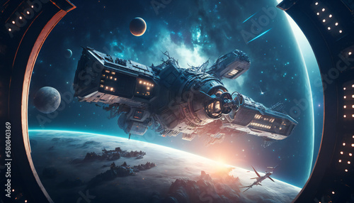 Fototapeta Naklejka Na Ścianę i Meble -  Space station in Outer space - Space wallpaper - Generative AI