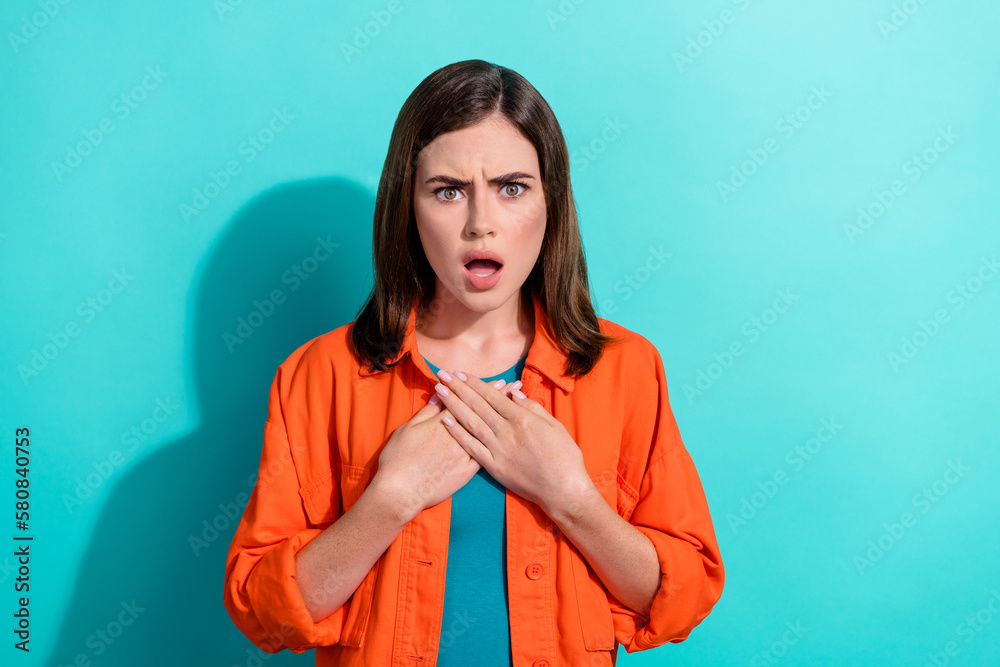 Photo of astonished worried frowning lady impressed unexpected unbelievable news isolated on cyan color background - obrazy, fototapety, plakaty 