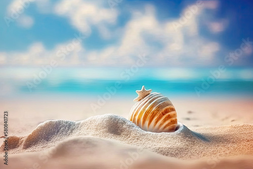 a shell on a paradise white beach in clear sunny weather. holiday concept. Generative AI