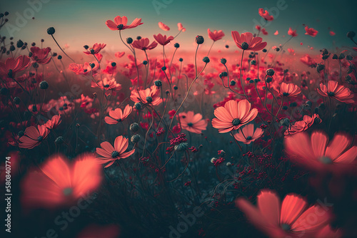 a flower meadow with red flowers in retro colors. Generative AI © jr-art