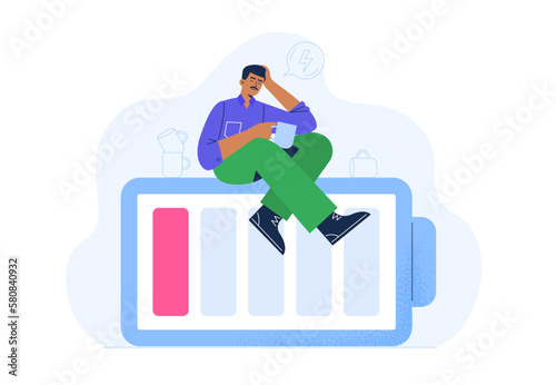 A man feels weak and tired. Low energy level. Emotion exhaustion and burnout at work. Vector flat illustration isolated on the white background.