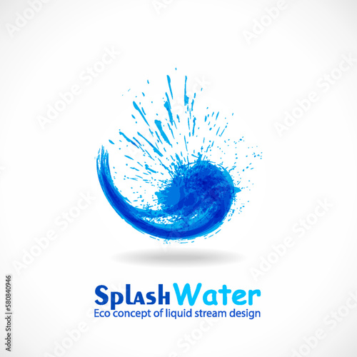 Blue ink splash logo. Abstract colorful falling water wave. Eco fluid stream design. Vector clean water concept template. Grunge symbol