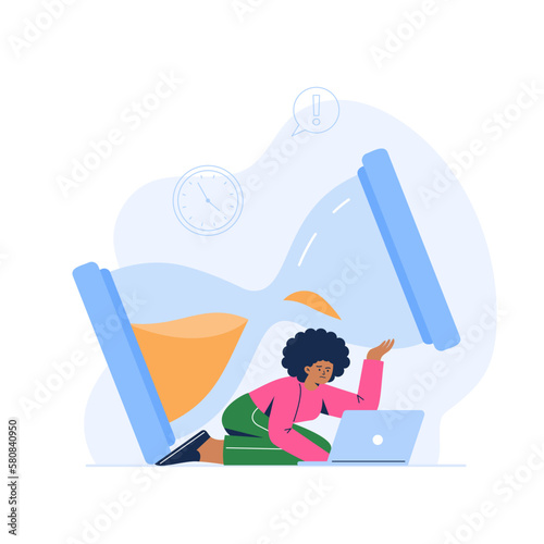 A young woman with a laptop under an hourglass. A problem with time management, deadlines, and being overworked. Vector flat illustration isolated on the white background.
