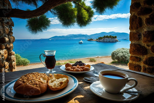 breakfast in a mediterranean town with a beautiful view of the sea. Generative AI