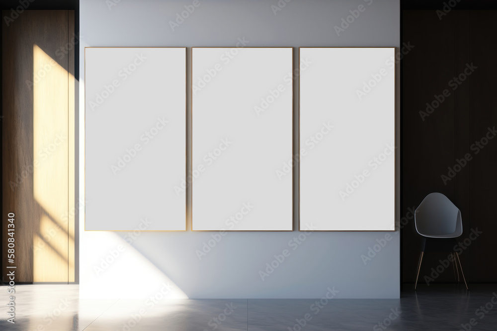 A mockup of the three blank paintings in the interior. AI generation A mockup of the three blank paintings in the interior. AI generation
