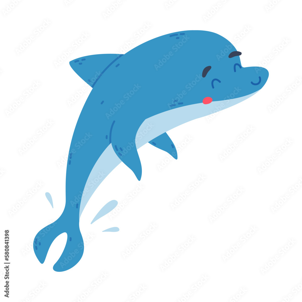 Fototapeta premium Cute friendly blue dolphin jumping cartoon vector illustration