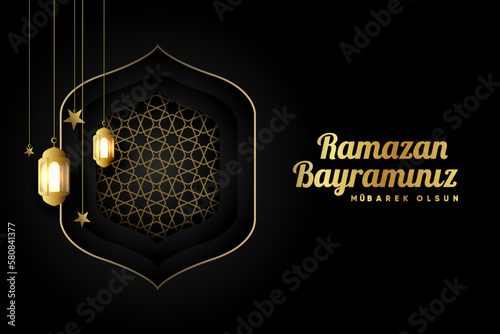 Islamic greetings ramadan kareem card design background with lanterns and crescent moon. (Translation: Ramazan bayramınız mubarek olsun.)