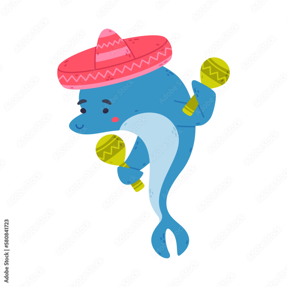 Obraz premium Cute dolphin dressed sombrero hat playing maracas. Funny dolphinfish performing in dolphinarium cartoon vector illustration