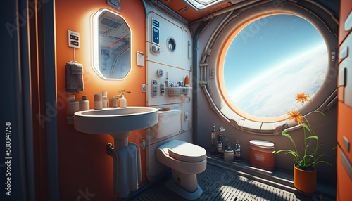 Fototapeta Naklejka Na Ścianę i Meble -  bathroom in Space station with a view into space - Space wallpaper - Generative AI