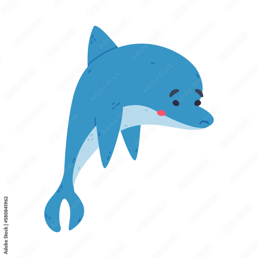 Obraz premium Cute friendly blue dolphin happily jumping cartoon vector illustration