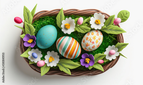 Easter Basket Filled with Colorful Eggs and white  flowers  generative ai 