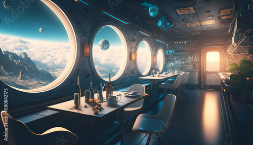 Fototapeta Naklejka Na Ścianę i Meble -  Canteen in Space station with a view into space - Space wallpaper - Generative AI