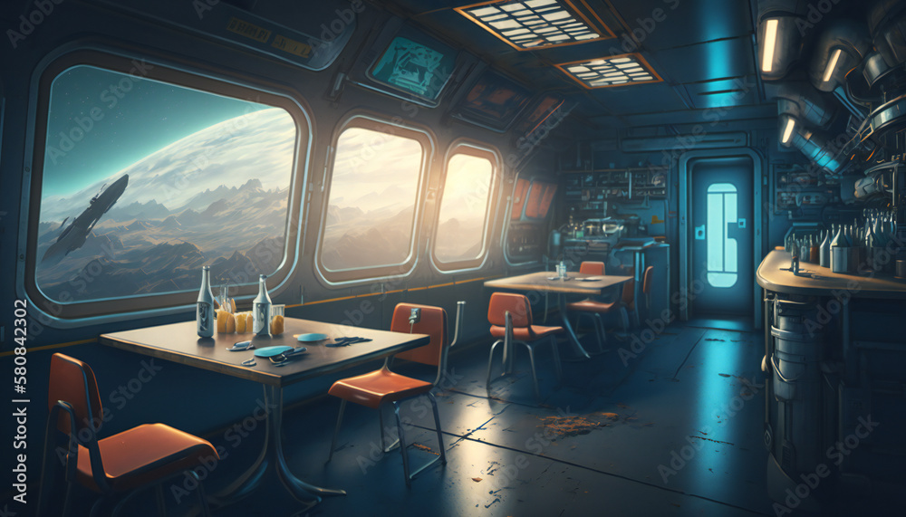 Fototapeta premium Canteen in Space station with a view into space - Space wallpaper - Generative AI