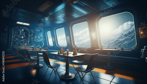 Canteen in Space station with a view into space - Space wallpaper - Generative AI photo