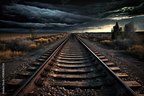 old rails and a dramatic sky with an epic sunset. Generative AI