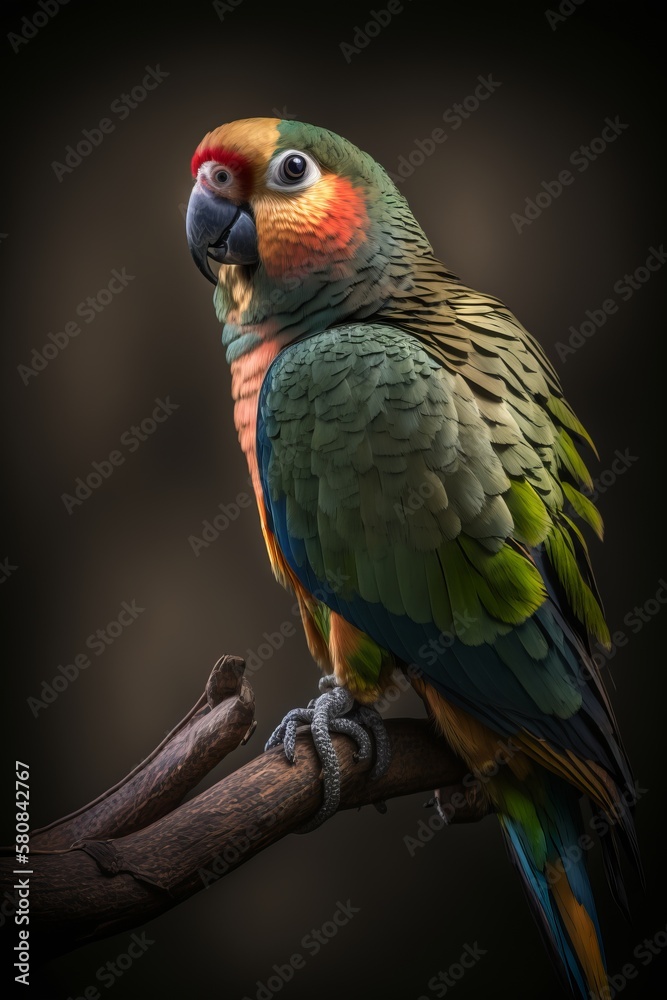A majestic parrot standing on a tree branch, clean sharp focus, national geographic, higly detailed fur, soft shadows, no contrast, f-stop 1.8, blurry background, professional color grading.