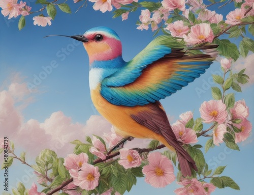 Colorful hummingbird on top of beautiful flowers. AI generated, human enhanced. Background © top images