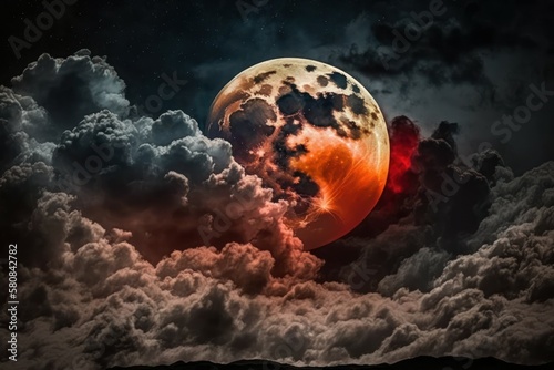 Blood Moon, Red moon, real full blood moon in black sky with cloud. AI generated, human enhanced