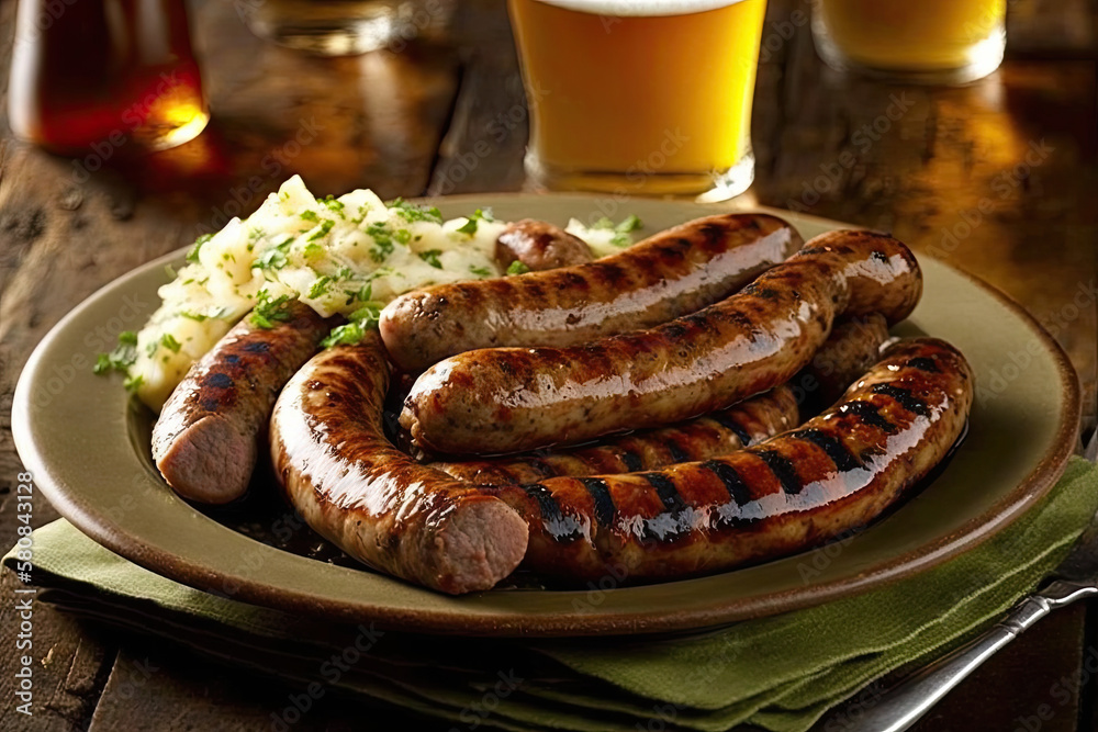 Beer Brats and side dishes, carrots, Chicken and Kebabs, generative