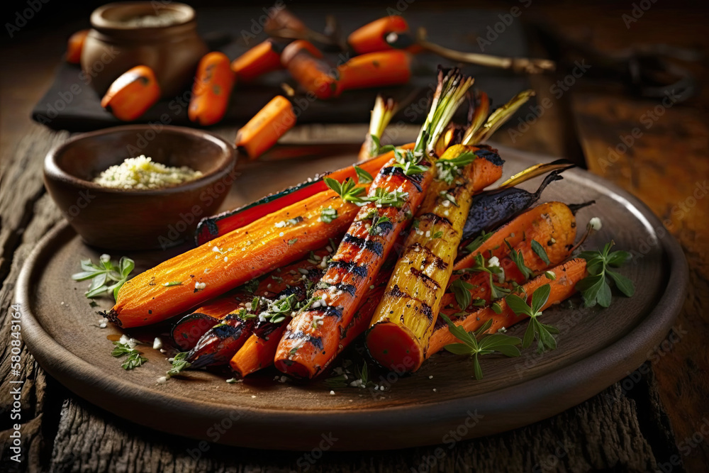 Beer Brats and side dishes, carrots, Chicken and Kebabs, generative