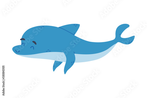 Cute friendly blue dolphin swimming cartoon vector illustration