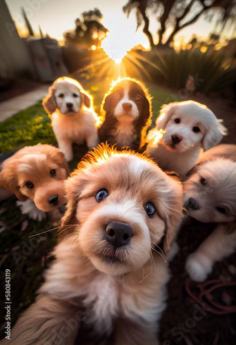 Vászonkép A pack of puppies take a selfie. AI Generated