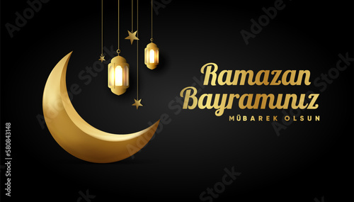 Islamic greetings ramadan kareem card design background with lanterns and crescent moon. (Translation: Ramazan bayramınız mubarek olsun.)