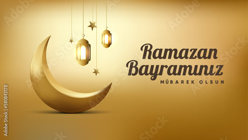 Islamic greetings ramadan kareem card design background with lanterns and crescent moon. (Translation: Ramazan bayramınız mubarek olsun.)