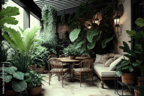 many beautiful indoor plants on a covered terrace. Generative AI