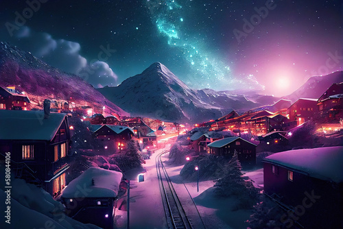 Alpine mountain village at night with snow and starry sky (Generative AI)