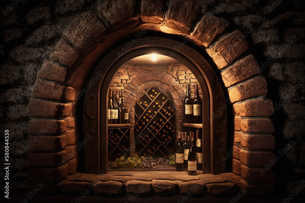 rustic dark wine cellar with wine barrels. Generative AI