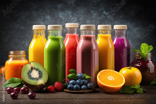 colorful tasty smoothies with fruits in the foreground. healthy lifestyle concept. Generative AI