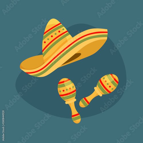 Mexican national sombrero hat and maracas. Vector illustration in trendy flat style.