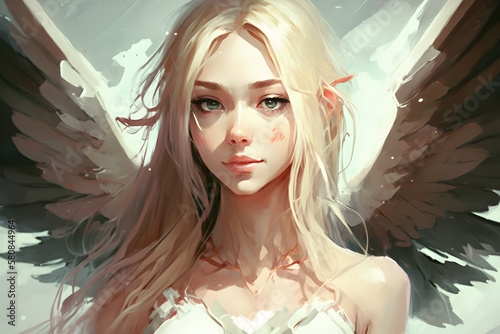 Portrait of a beautiful blonde angel girl in anime style. Neural network AI generated art