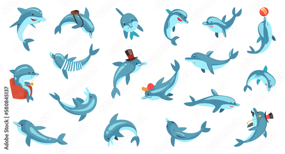Fototapeta premium Cute dolphin characters set. Funny happy underwater fauna mammal performing tricks cartoon vector illustration