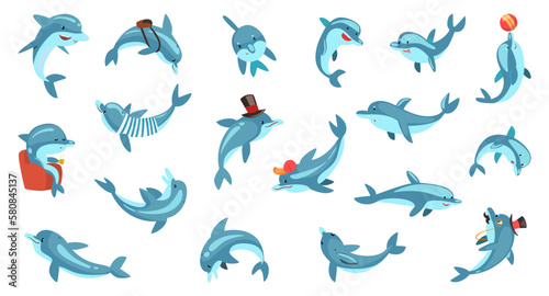 Cute dolphin characters set. Funny happy underwater fauna mammal performing tricks cartoon vector illustration