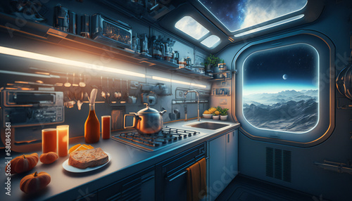 Fototapeta Naklejka Na Ścianę i Meble -  Kitchen in Space station with a view into space  - Space wallpaper - Generative AI
