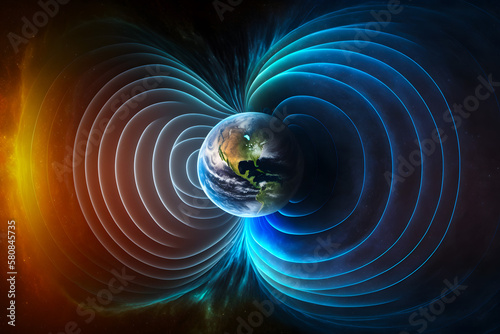Earth's magnetic field Magnetosphere, lines of magnetic induction in outer space in orbit. Radiance in the ionosphere. Generative AI photo