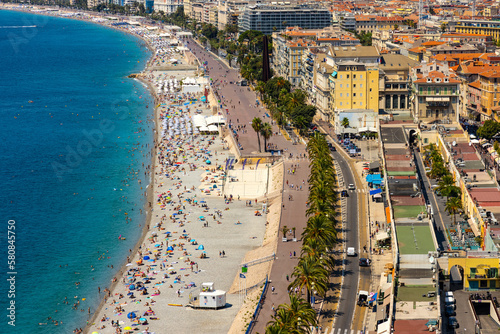 Nice panorama with Vieille Ville old town district, Promenade des Anglais boulevard and beach at French Riviera of Mediterranean Sea in France © Art Media Factory