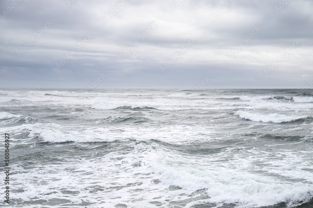 Ocean Waves Background with Horizon on Cloudy Day at Columbia River South Jetty