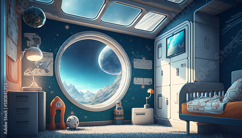 Nursery in Space station with a view into space  - Space wallpaper - Generative AI photo